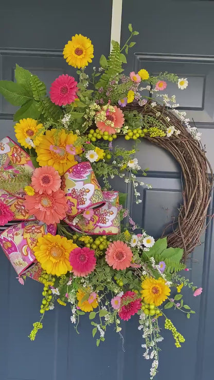 Bright Summer Wreath for Front Door, Gerbera Daisy and Wildflower Wreath, Colorful Porch Decor, Floral Grapevine Wreath for Spring Summer