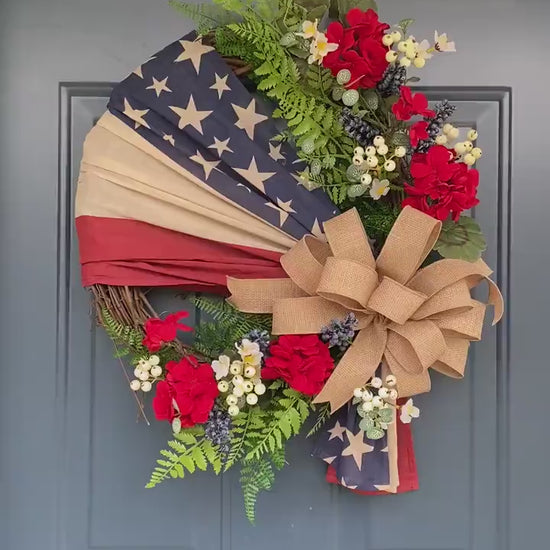 Flag Wreath, Patriotic Floral Grapevine Wreath, 4th of July Wreath, Primitive Americana Wreath, Stars and Stripes Doorhanger