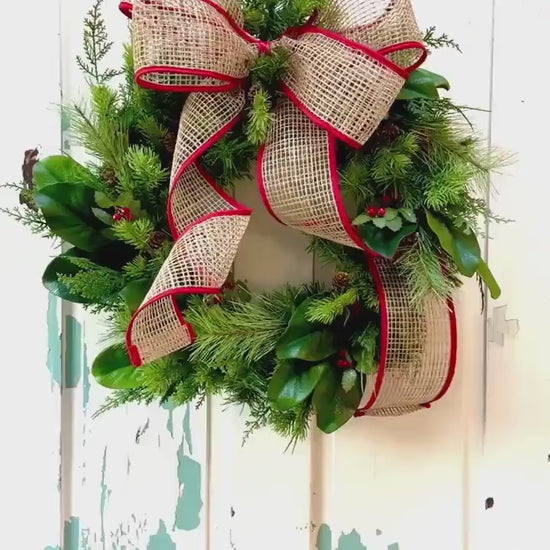 Handmade Holiday Greenery Wreath with Burlap Bow