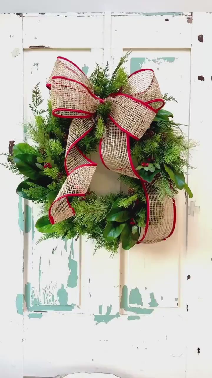 Handmade Holiday Greenery Wreath with Burlap Bow