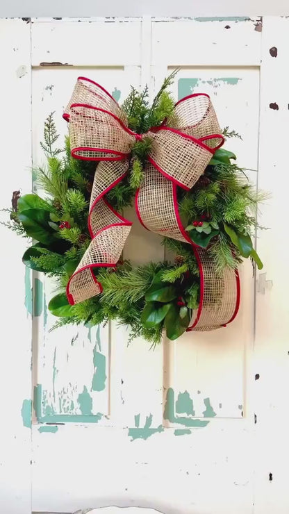 Handmade Holiday Greenery Wreath with Burlap Bow