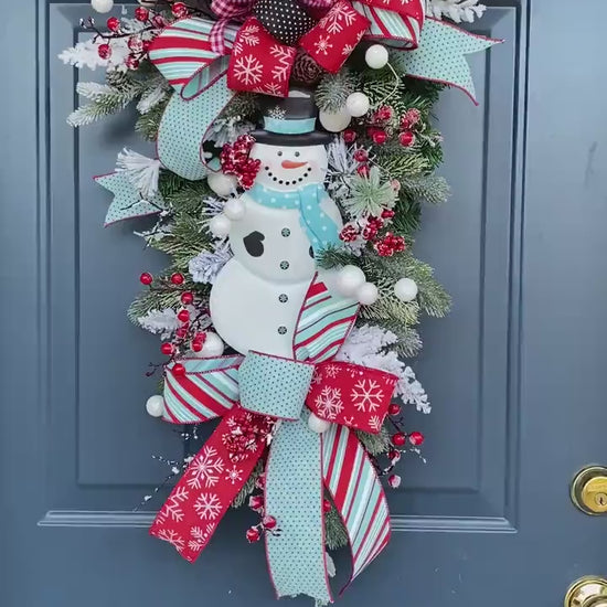 Winter Snowman Teardrop Swag Wreath for Front Door, Snowy Decor for Christmas and Winter, Frosty Decoration for front door