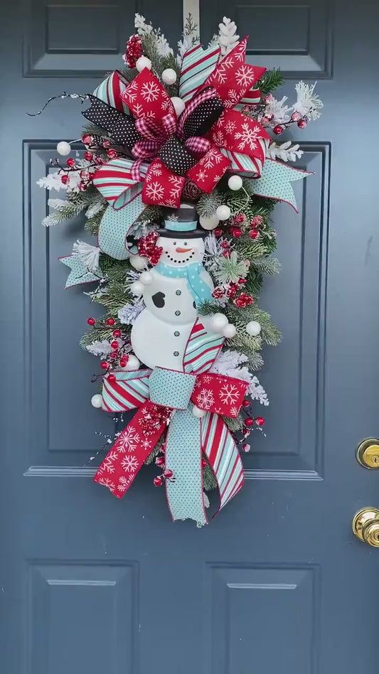 Winter Snowman Teardrop Swag Wreath for Front Door, Snowy Decor for Christmas and Winter, Frosty Decoration for front door