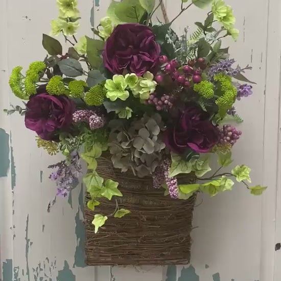 Peony Door Hanger Basket Wreath, Summer Hanging Wildflower Flower Basket, Rustic Artificial Floral Decor, Rattan Basket Wall Arrangement