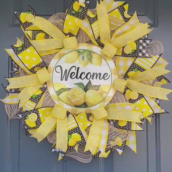 Lemon Welcome Wreath for Front Door, Summer Lemon Kitchen Decor, Lemon Porch Decor, Yellow and White Door Hanger