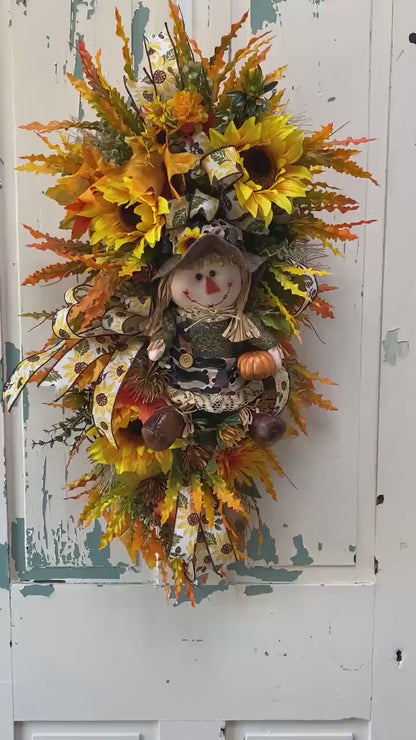 Fall Swag Wreath with Sunflowers and Scarecrow