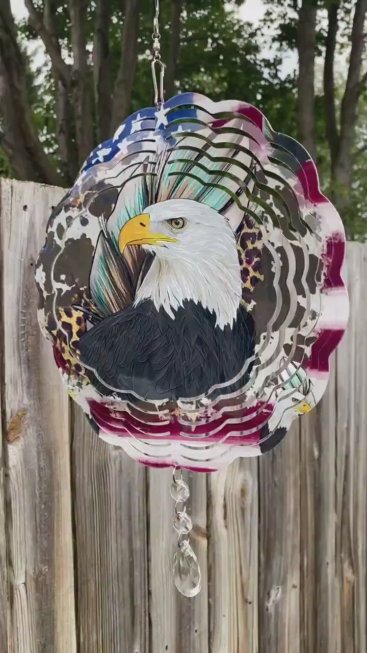 Eagle American Flag Wind Spinner, Bald Eagle Flag Wind Catcher, Americana Outdoor Decor, Patriotic Yard Art Sun Catcher and Wind Twister