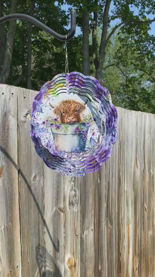 Highland Cow Wind Spinner, Baby Highland Cow in bucket of flowers Metal Wind Spinner, Garden Lover Gifts, Yard Art Farm Life Sun Catcher
