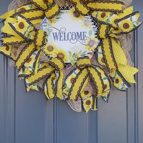 Slim Sunflower Wreath for your Front Door, Yellow and Black Sunflower Welcome Wreath