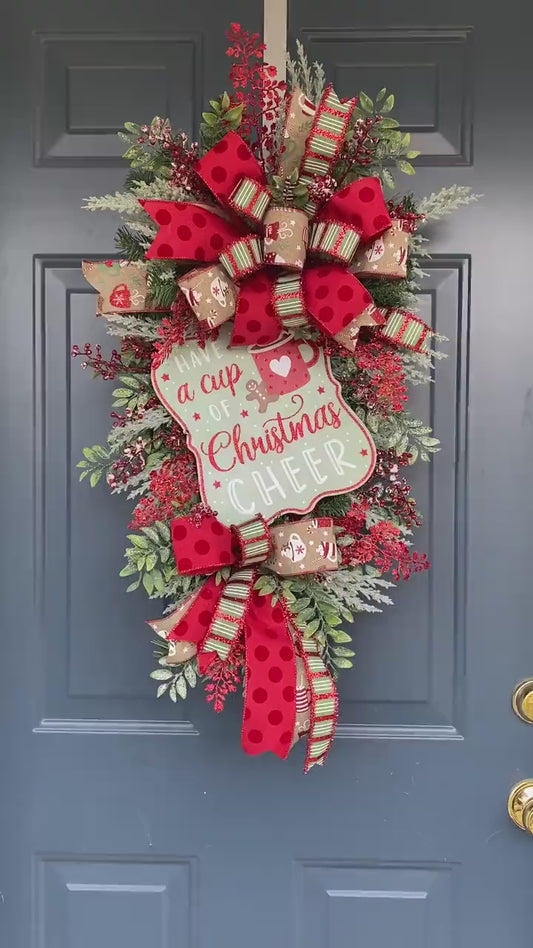 Hot Cocoa Cup Christmas Teardrop Swag Wreath for Front Door, Holiday Kitchen Wreath for Hot Cocoa Bar, Mint green and red outdoor wreath