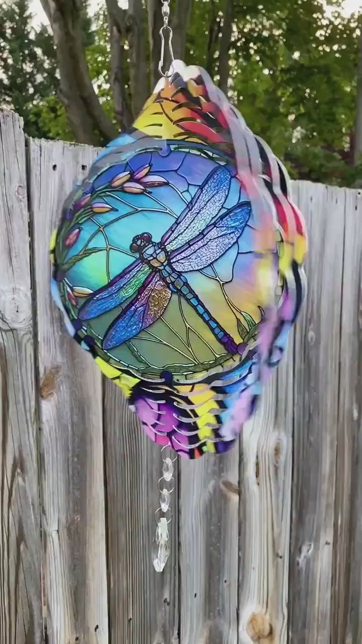 Colorful Stained Glass Look Dragonfly Wind Spinner, Gardener Gift metal Wind Catcher, Dragonfly Gifts, Hanging Porch Decor Sun Catcher