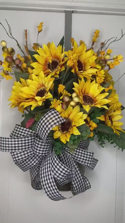 Sunflower Wreath Bucket Floral Arrangement Fall front door decor, apartment farmhouse Decor Door Basket, Housewarming gift for newlyweds