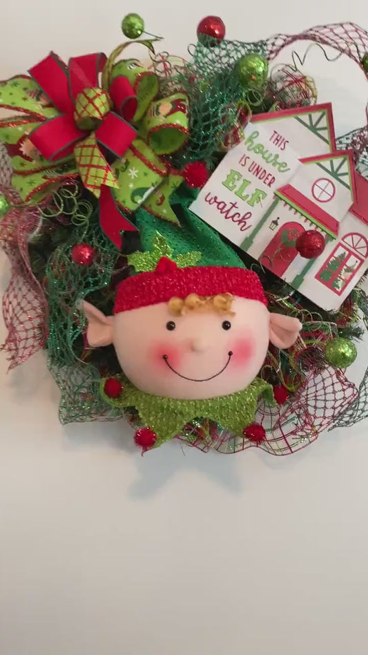 Christmas Elf Wreath for Front Door, House Is Under Elf Watch Wreath, Whimsical North Pole Elf Holiday Decoration,  Christmas Wall Decor