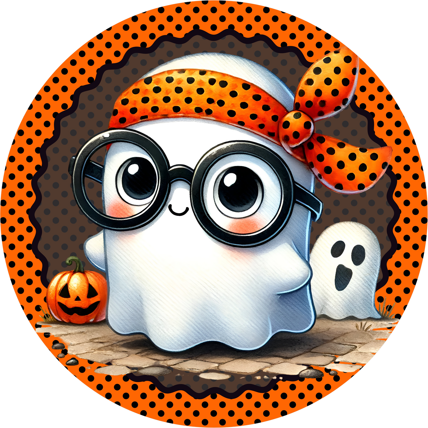 Ghost with Glasses Bandana Round Wreath Sign