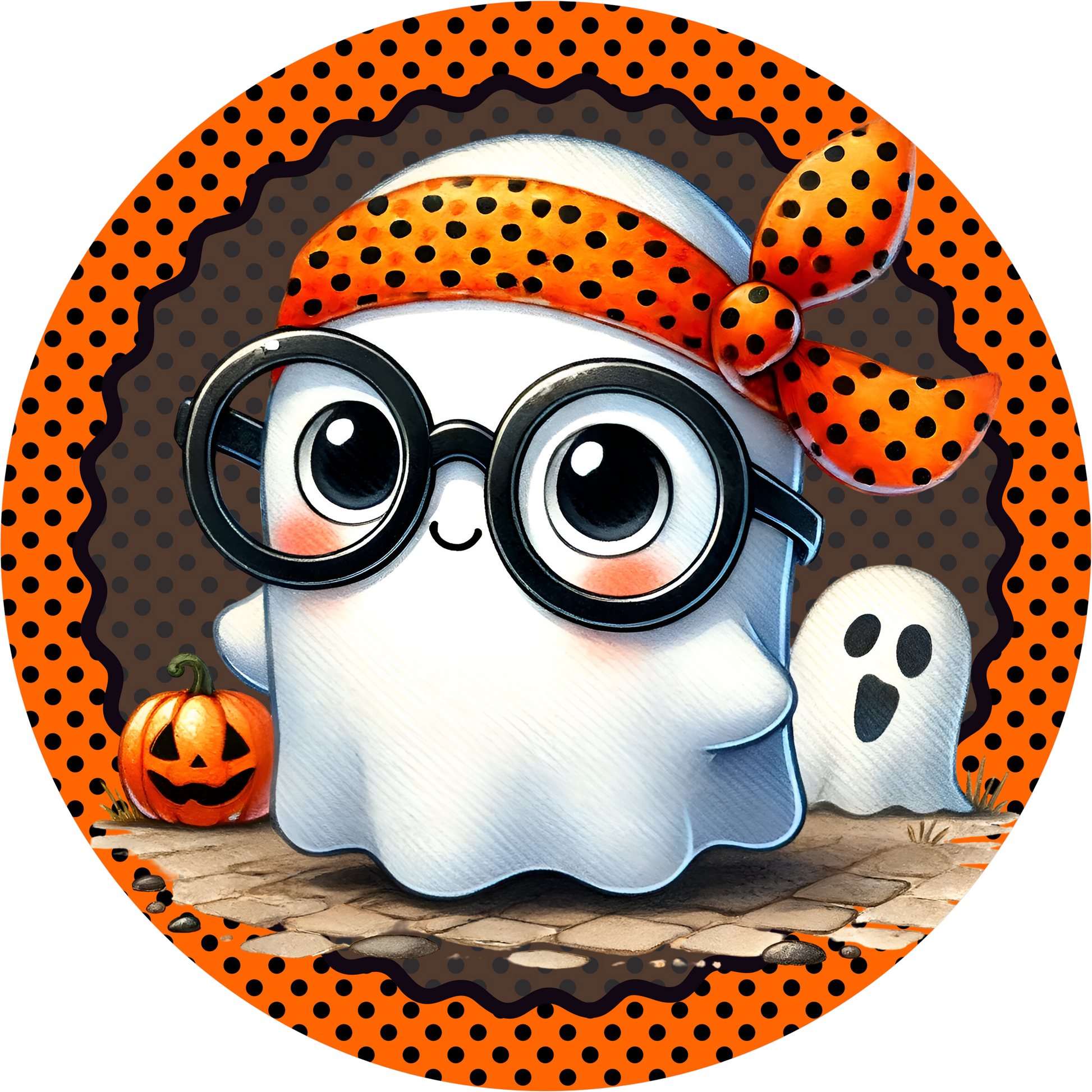 Ghost with Glasses Bandana Round Wreath Sign