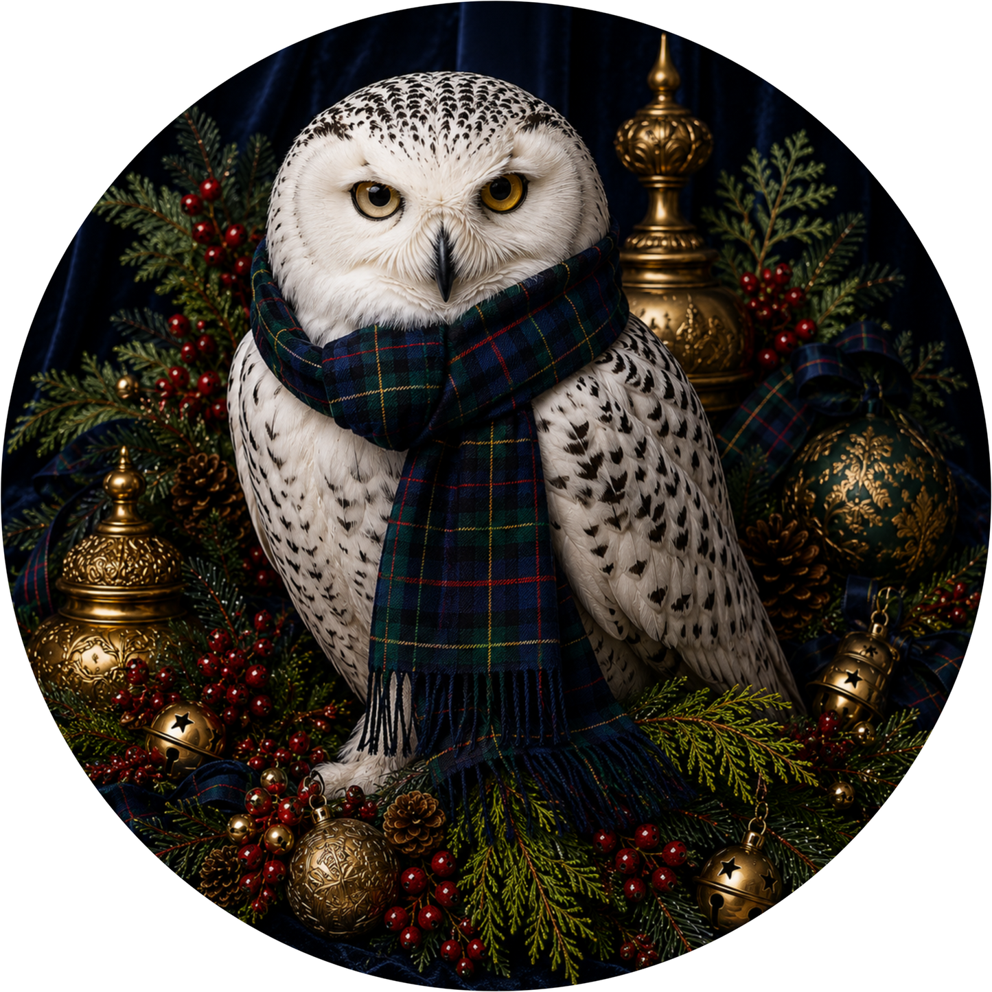 Black and Gold Snowy Owl with Plaid Scarf Round Wreath Sign