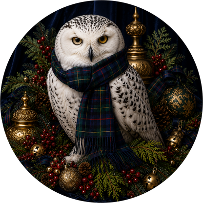 Black and Gold Snowy Owl with Plaid Scarf Round Wreath Sign