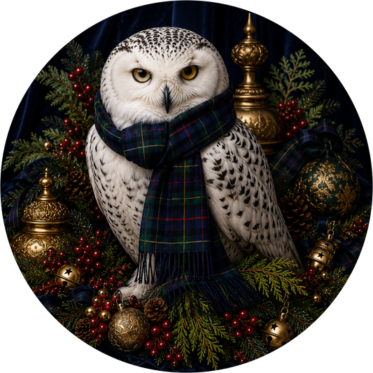 Black and Gold Snowy Owl with Plaid Scarf Round Wreath Sign