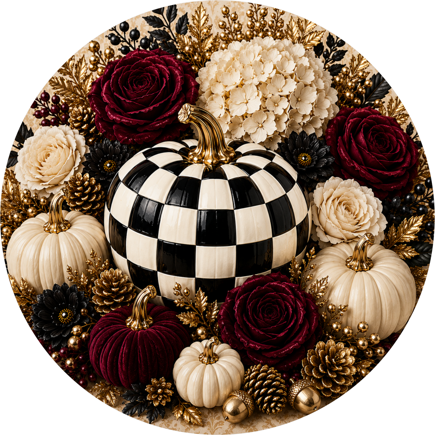 Black and White Checkered Pumpkin with Burgundy and Cream Rose Round Wreath Sign