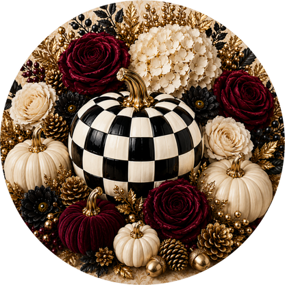 Black and White Checkered Pumpkin with Burgundy and Cream Rose Round Wreath Sign