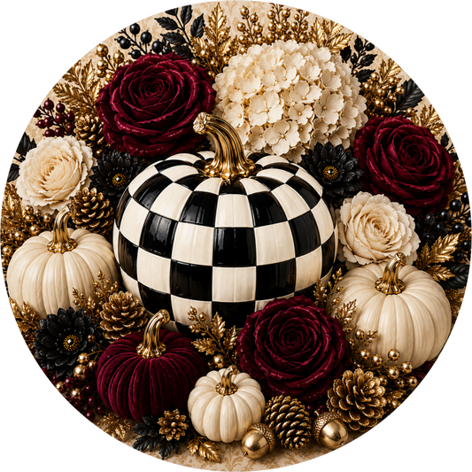 Black and White Checkered Pumpkin with Burgundy and Cream Rose Round Wreath Sign