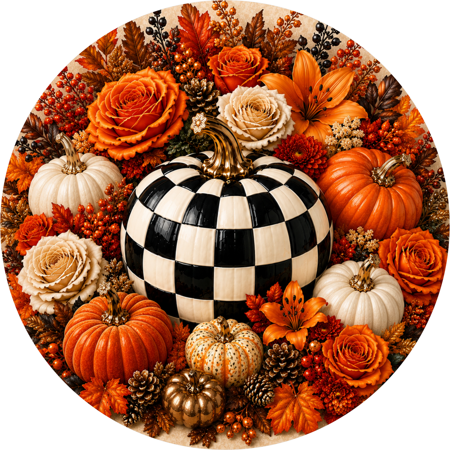 Black and White Checkered Pumpkin with Orange and Rust Rose Round Wreath Sign
