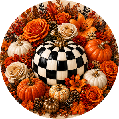 Black and White Checkered Pumpkin with Orange and Rust Rose Round Wreath Sign