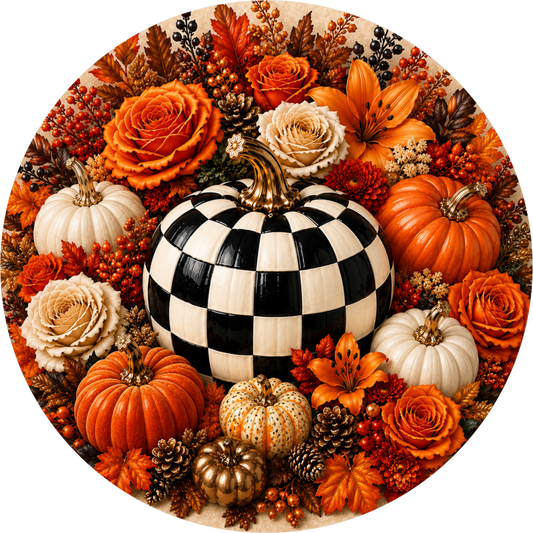 Black and White Checkered Pumpkin with Orange and Rust Rose Round Wreath Sign