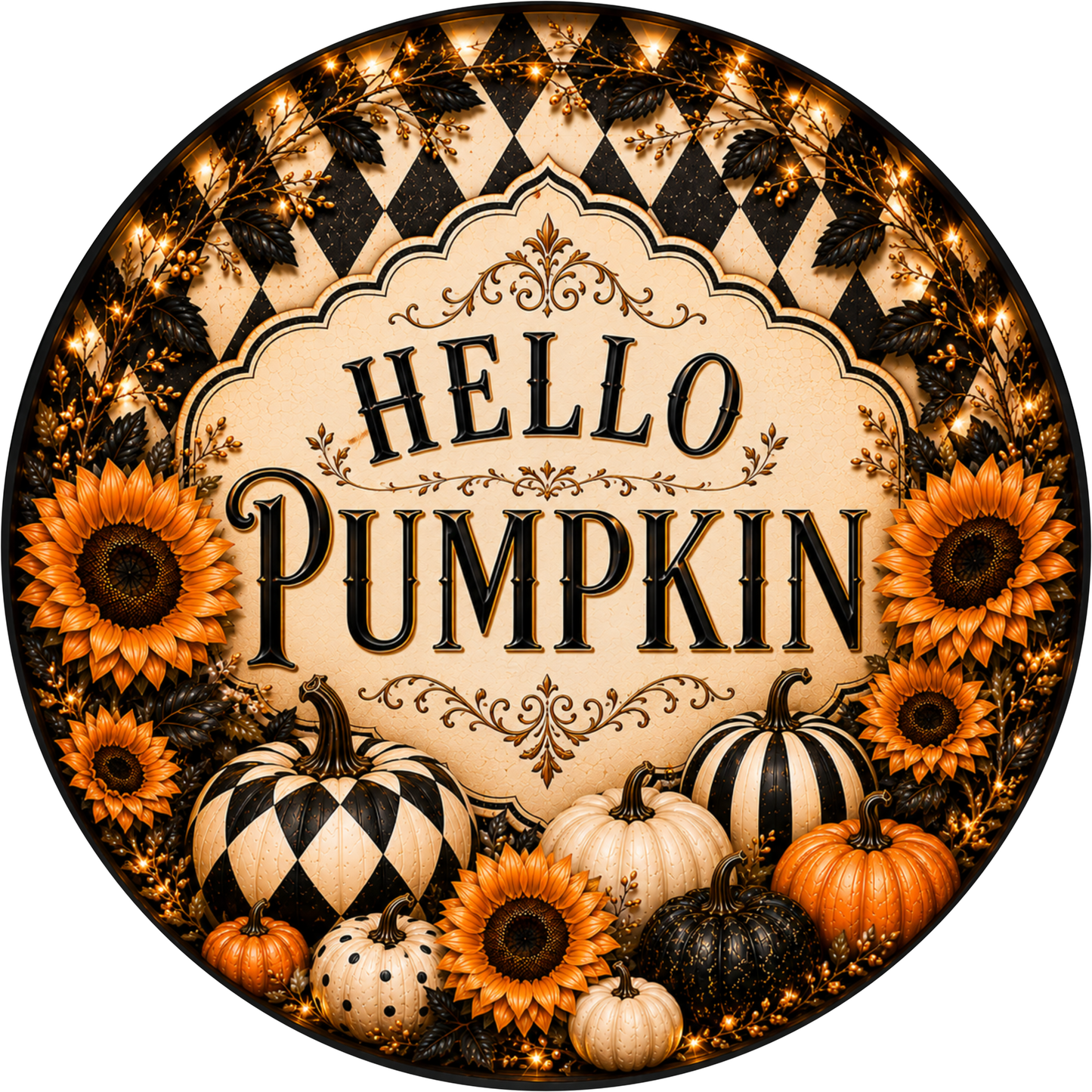 Black and White Harlequin Hello Pumpkin with Sunflower Round Wreath Sign