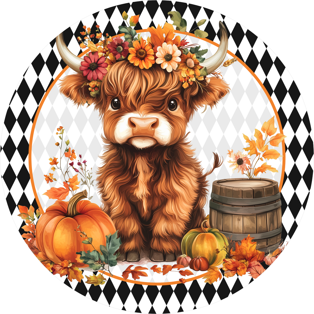 Black and White Harlequin Highland Cow with Florals Round Wreath Sign