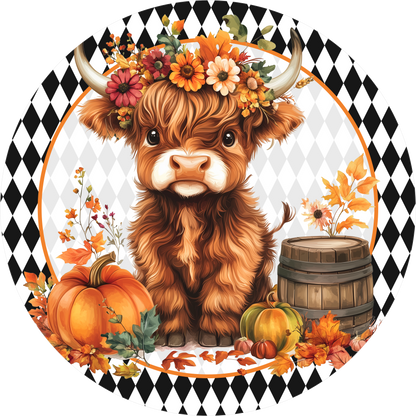 Black and White Harlequin Highland Cow with Florals Round Wreath Sign