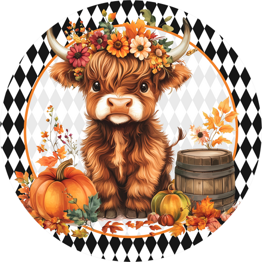 Black and White Harlequin Highland Cow with Florals Round Wreath Sign