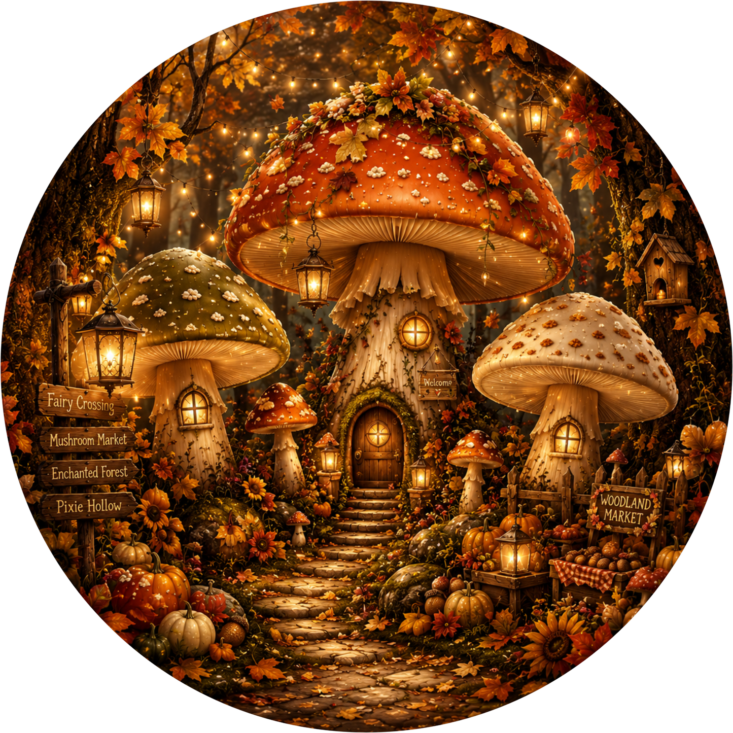 Brown Mushroom Cottage Fall Round Wreath Sign