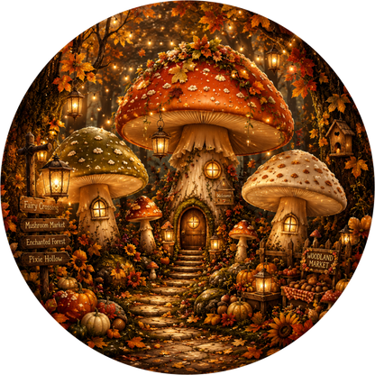 Brown Mushroom Cottage Fall Round Wreath Sign