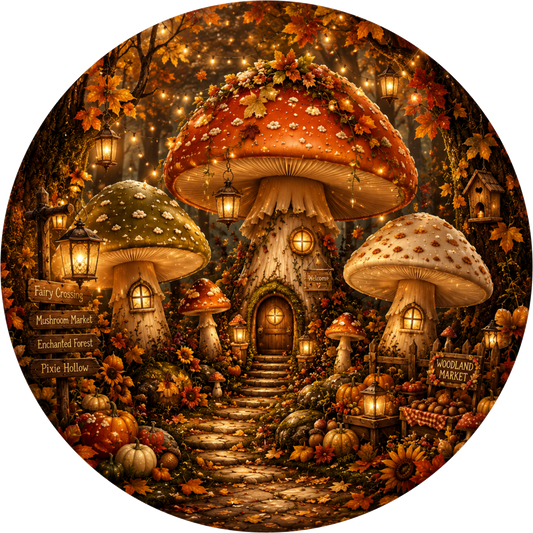 Brown Mushroom Cottage Fall Round Wreath Sign