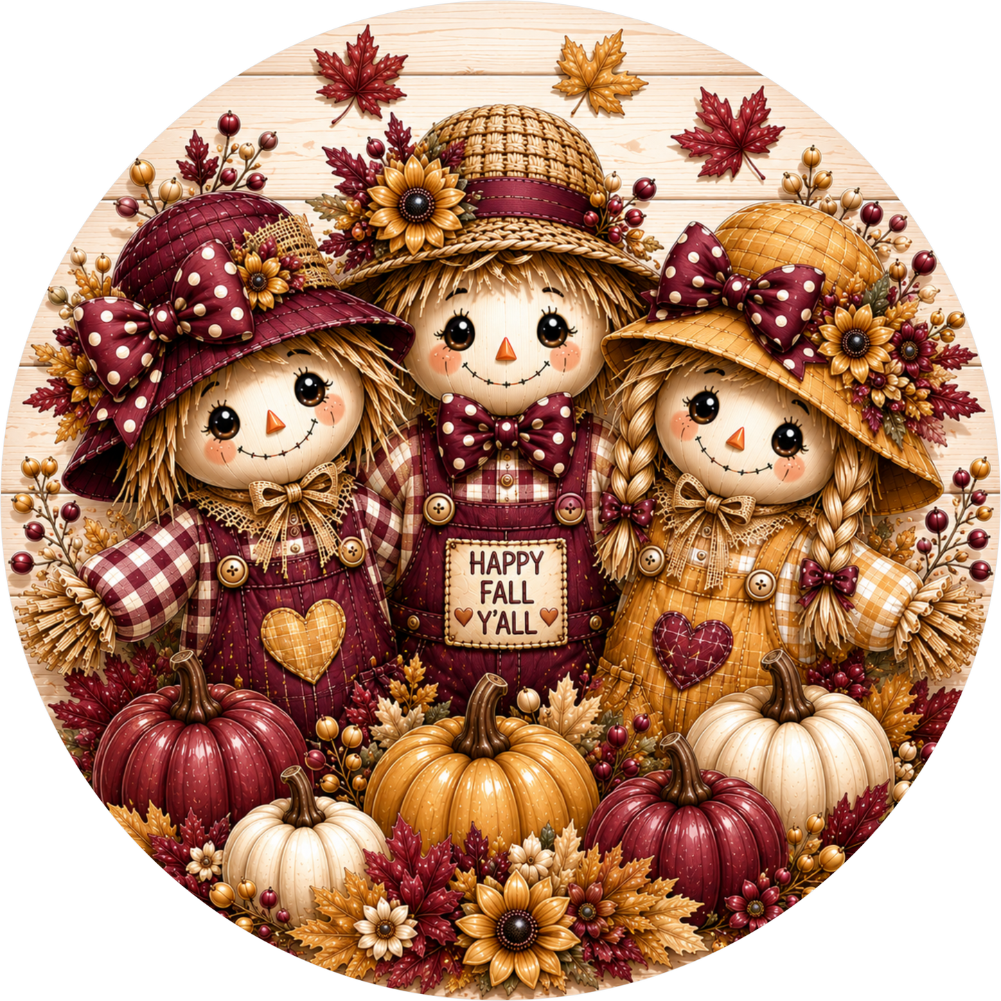 Burgundy Happy Fall Y'all Scarecrow Trio with Sunflower Round Wreath Sign