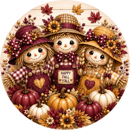 Burgundy Happy Fall Y'all Scarecrow Trio with Sunflower Round Wreath Sign