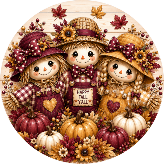 Burgundy Happy Fall Y'all Scarecrow Trio with Sunflower Round Wreath Sign