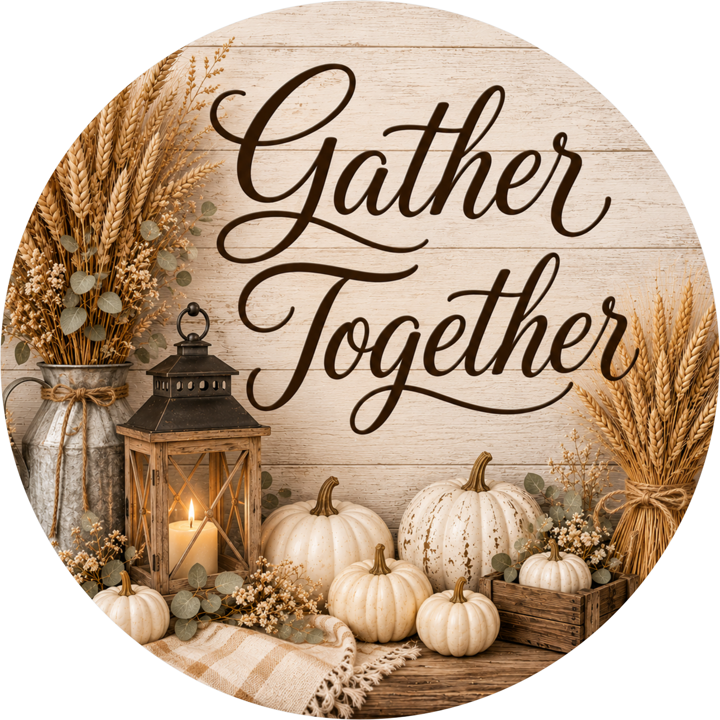 Gather Together with Lantern and Sunflower Round Wreath Sign