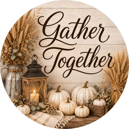 Gather Together with Lantern and Sunflower Round Wreath Sign