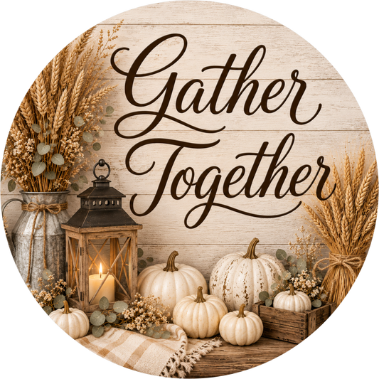 Gather Together with Lantern and Sunflower Round Wreath Sign