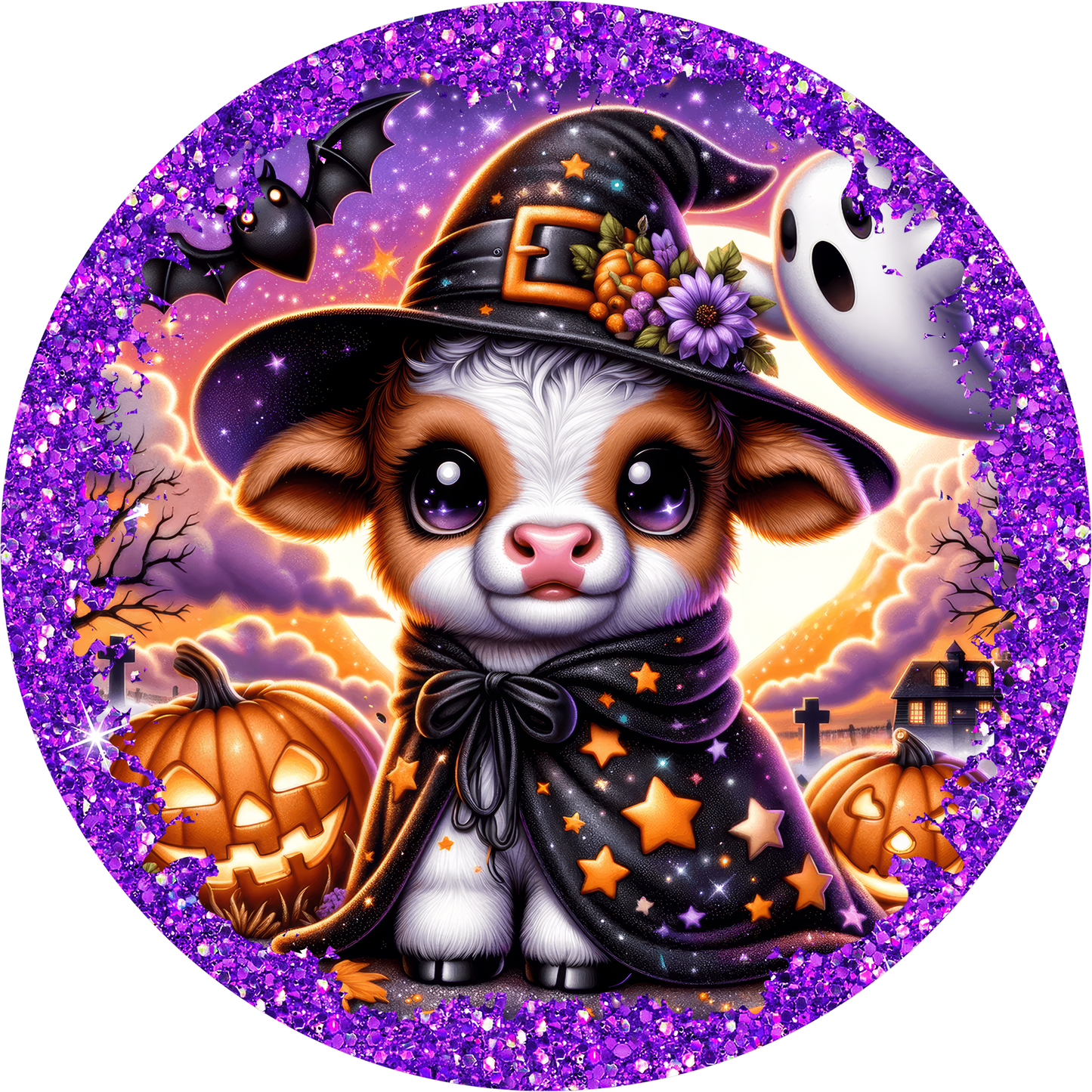 Brown Baby Cow Bats Witch Purple Round Wreath Sign