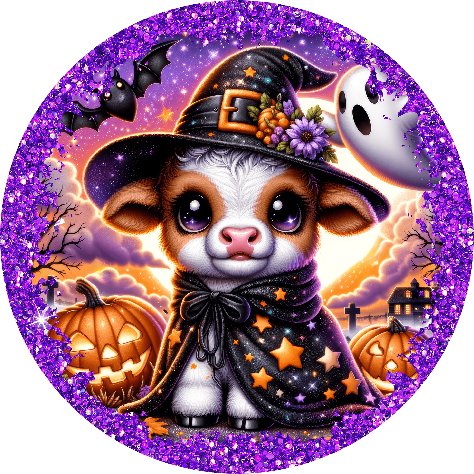 Brown Baby Cow Bats Witch Purple Round Wreath Sign