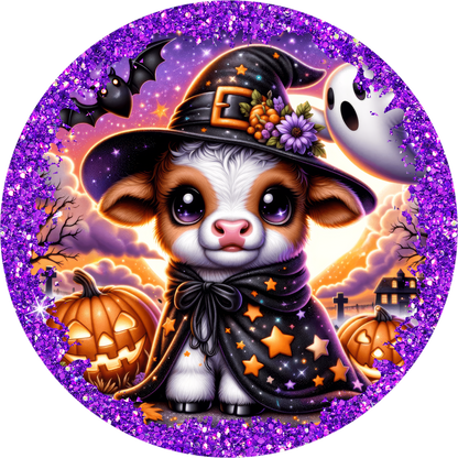 Brown Baby Cow Bats Witch Purple Round Wreath Sign