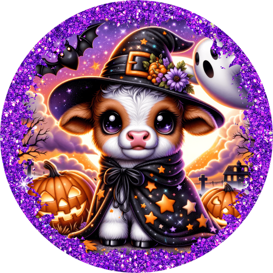 Brown Baby Cow Bats Witch Purple Round Wreath Sign