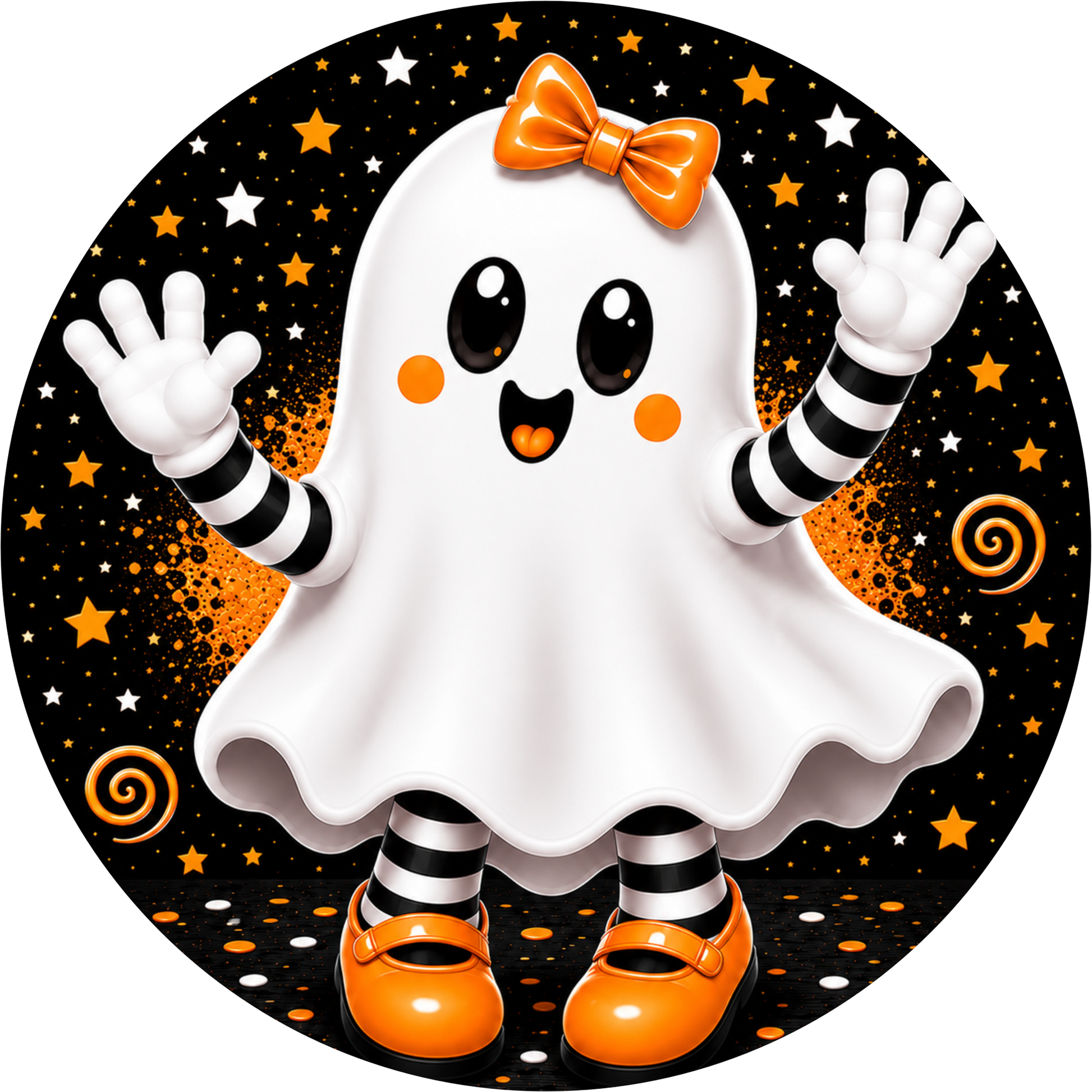 Cute Ghost Girl Orange Bow Striped Socks Stars Round Wreath Sign