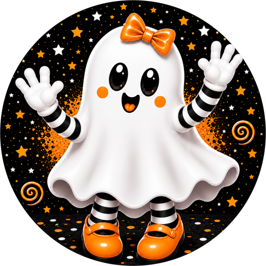 Cute Ghost Girl Orange Bow Striped Socks Stars Round Wreath Sign