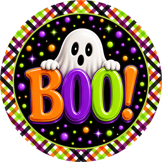 Ghost Orange Purple Green Boo Round Wreath Sign