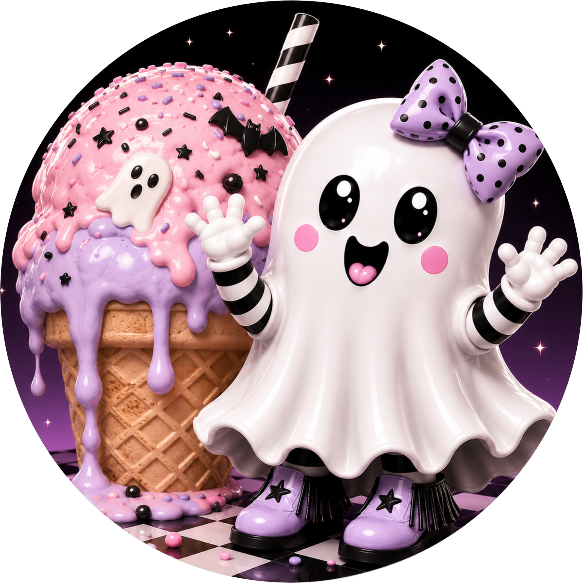 Ghost with Ice Cream Cone Round Wreath Sign