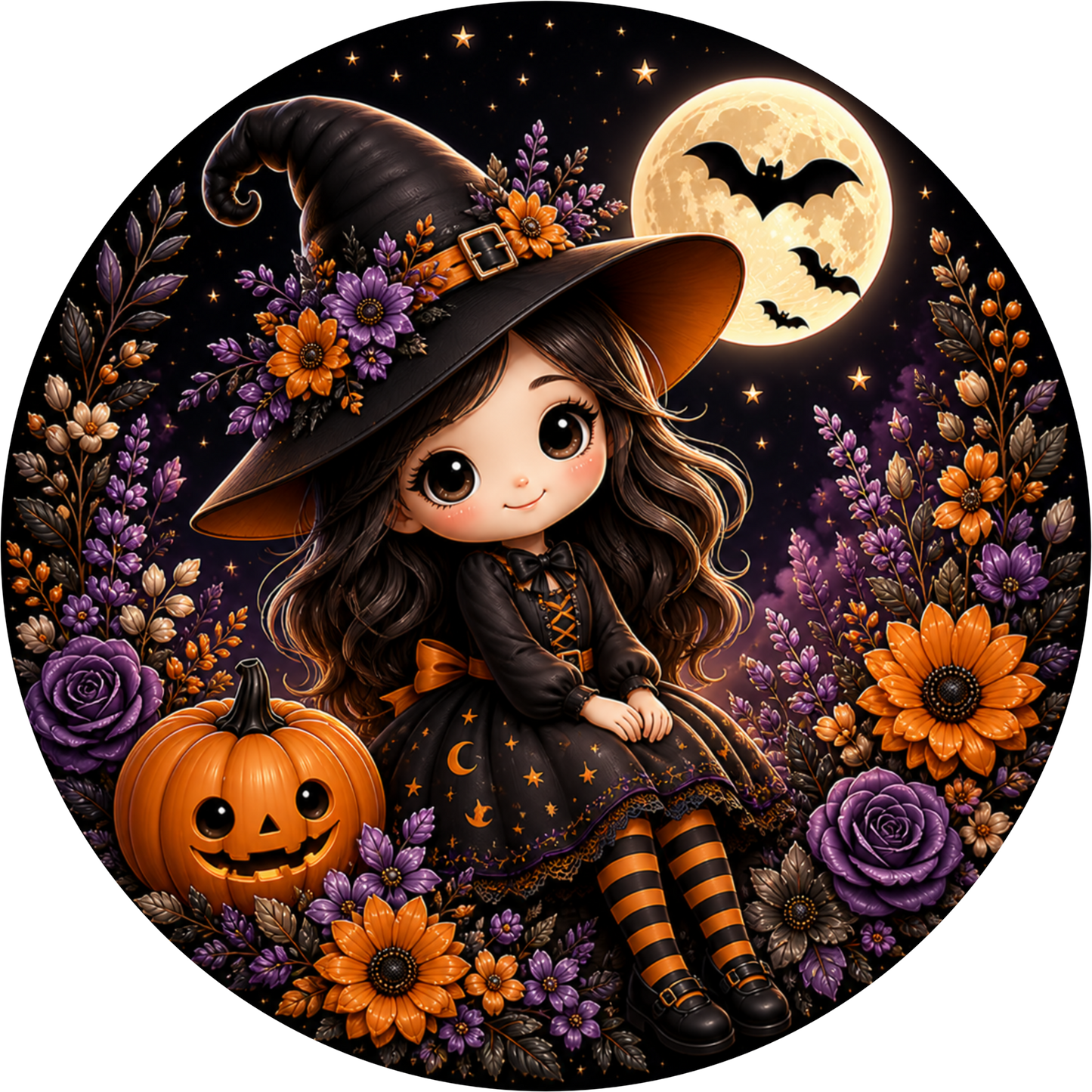 Girl Witch Moon Sunflower Round Wreath Sign